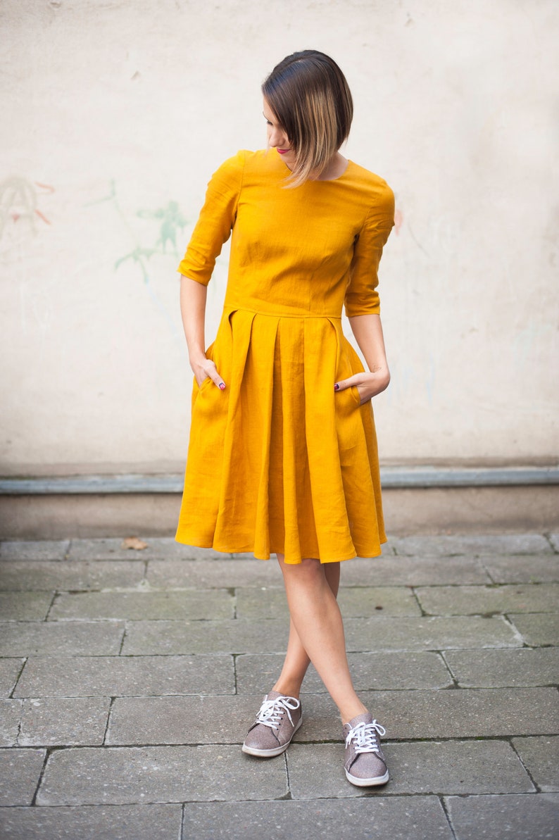 Mustard linen dress for summer, ORGANIC LINEN, 3/4 sleeves, Linen dresses for women, Summer dress, Linen midi dress, 25 COLORS image 5