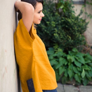 Mustard linen blouse Linen top Linen tunic Linen shirt women Mustard top image 6