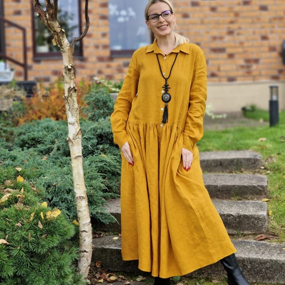 Womens Button up Linen Maxi Dress Mustard Long Sleeves Linen Dress Maxi Linen Dress With Pockets Oversized Boho Dress Plus Size Maxi Dress Etsy