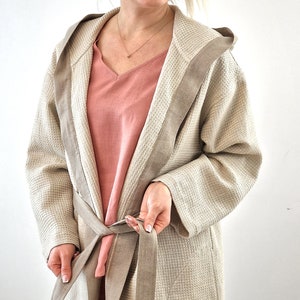 Linen womens waffle robe, Short linen robe for women, Linen bath robe with hood, Linen loungewear, Womens Home wear image 5