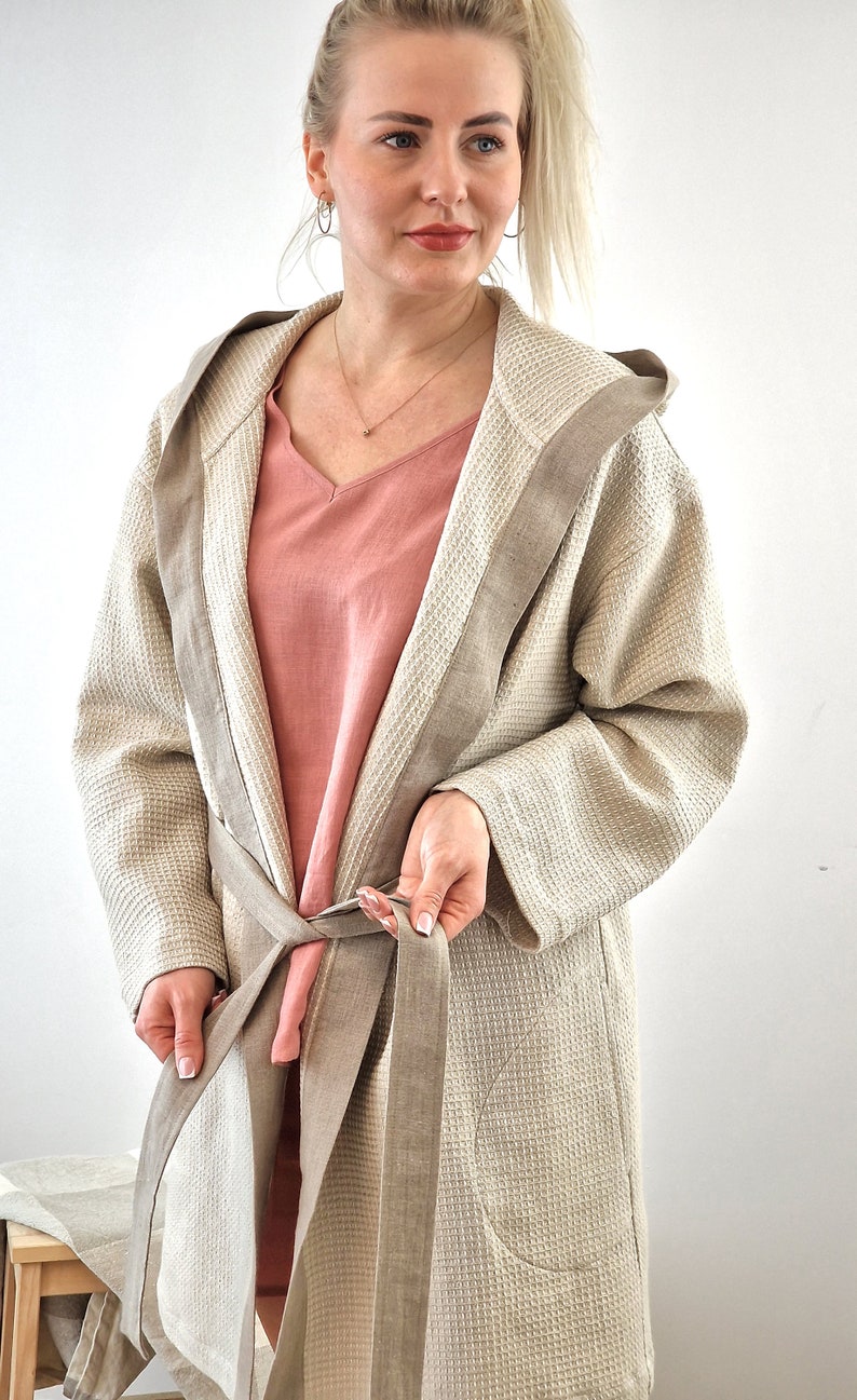 Linen womens waffle robe, Short linen robe for women, Linen bath robe with hood, Linen loungewear, Womens Home wear image 5