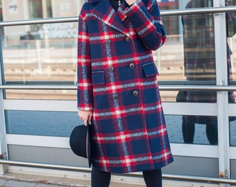 Vintage style wool plaid coat, Plus size long wool coat for women, Winter purple wool coat, Oversized coat for fall, Womens plaid coat