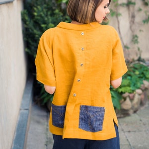 Mustard linen blouse Linen top Linen tunic Linen shirt women Mustard top image 3