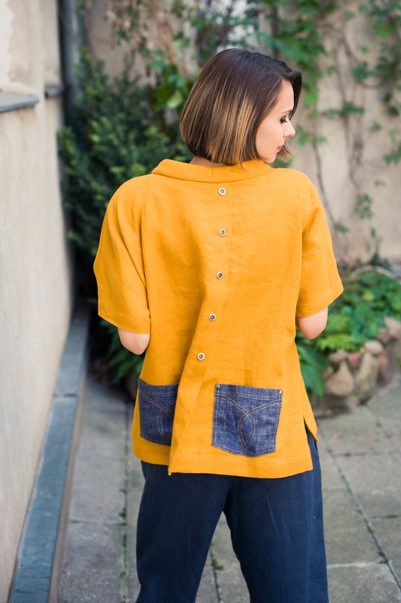 Mustard linen blouse Linen top Linen tunic Linen shirt women Mustard top image 3