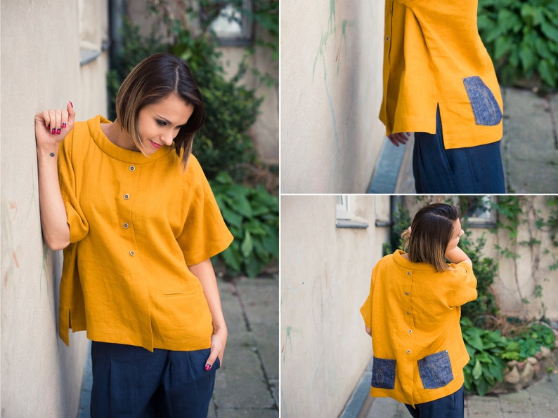 Mustard linen blouse Linen top Linen tunic Linen shirt women Mustard top image 4