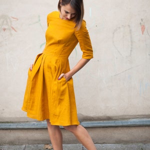 Mustard linen dress for summer, ORGANIC LINEN, 3/4 sleeves, Linen dresses for women, Summer dress, Linen midi dress, 25 COLORS image 4