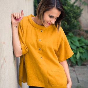 Mustard linen blouse Linen top Linen tunic Linen shirt women Mustard top image 5