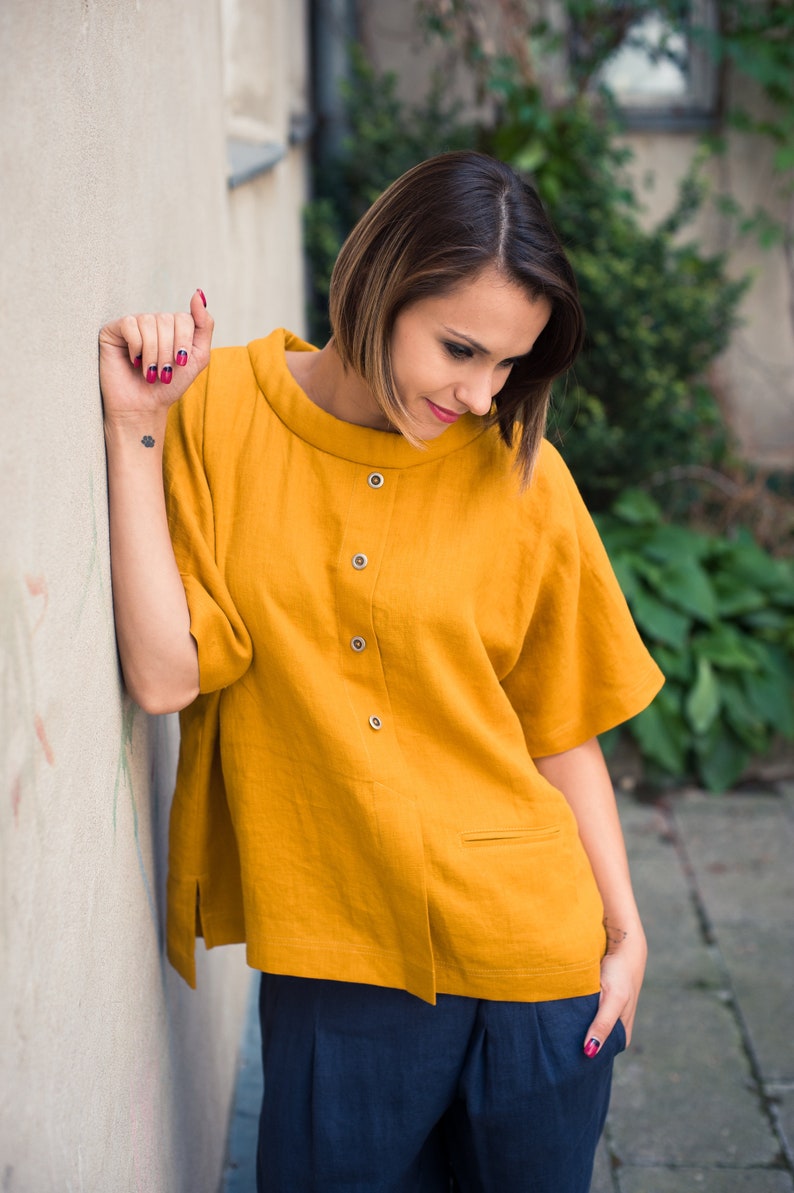 Mustard linen blouse Linen top Linen tunic Linen shirt women Mustard top image 5