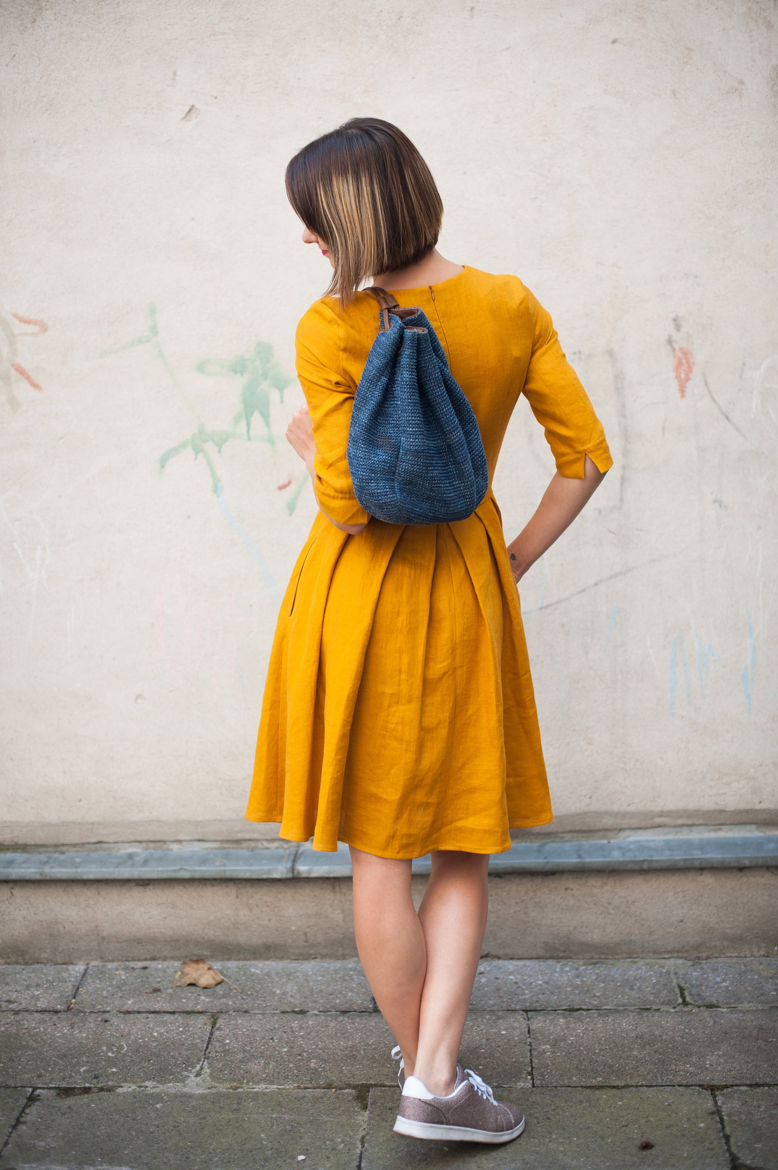 Mustard Linen Dress for Summer ORGANIC LINEN 3/4 Sleeves Etsy