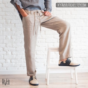 NATURAL Linen pants for men with TIE, Personalized lounge pants, Baggy pants for men, Custom pants MADE to fit