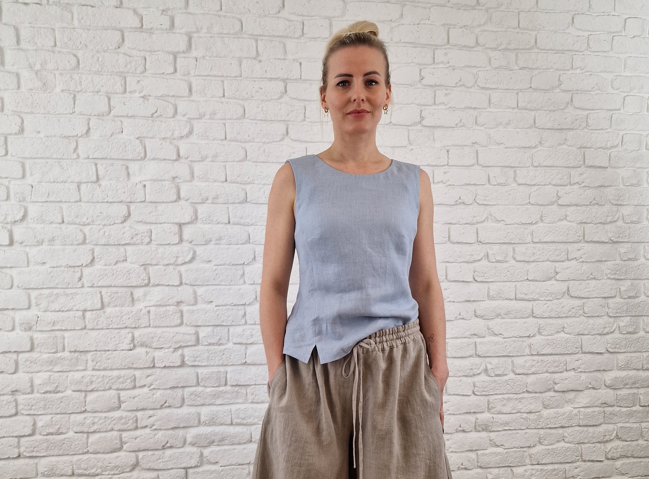 Ice Blue Linen Top CARLA, Linen Blouse for Women, Sleeveless