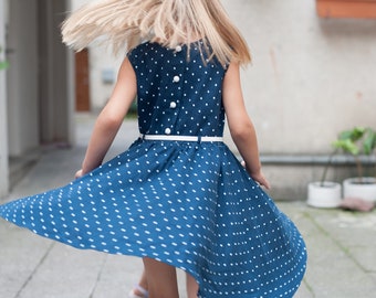 Linen Dress, Polka Dot Dress, Blue Flower Girl Dress, 1st Birthday Girl Outfit, First Birthday Outfit Girl, Baby Girl 1st Birthday Outfit