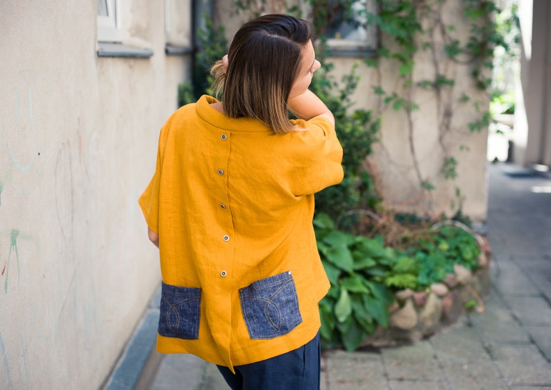 Mustard linen blouse Linen top Linen tunic Linen shirt women Mustard top image 7