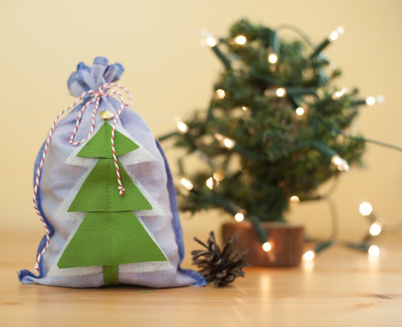 Christmas linen drawstring bag, Small linen bag, Christmas packing, Christmas gift packaging, Linen sack with Christmas tree, Christmas gift image 1