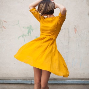 Mustard linen dress for summer, ORGANIC LINEN, 3/4 sleeves, Linen dresses for women, Summer dress, Linen midi dress, 25 COLORS image 1