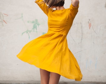 Mustard linen dress for summer, ORGANIC LINEN, 3/4 sleeves, Linen dresses for women, Summer dress, Linen midi dress, 25+ COLORS