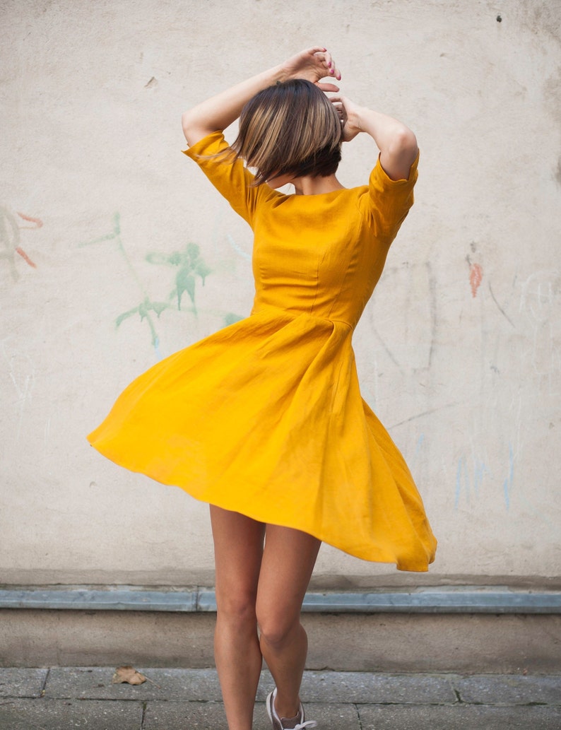 Mustard linen dress for summer, ORGANIC LINEN, 3/4 sleeves, Linen dresses for women, Summer dress, Linen midi dress, 25 COLORS image 1