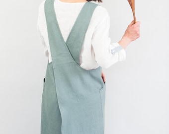 Cross back apron Pinafore apron 20+ COLORS Lithuanian linen Japanese apron