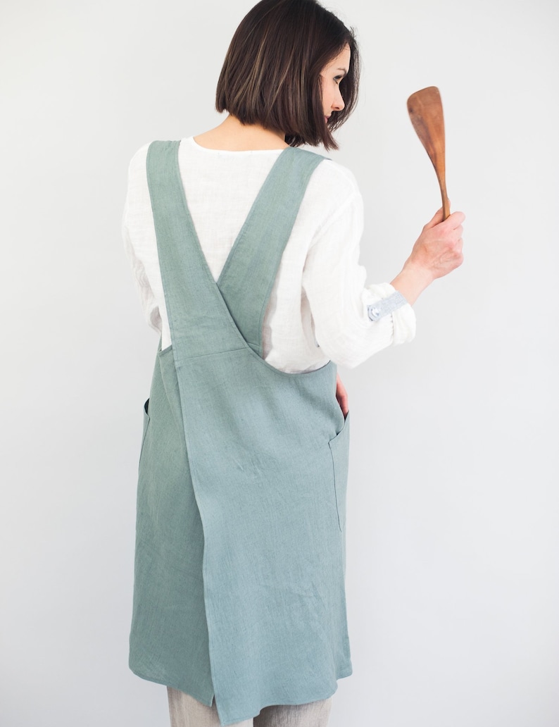 Womens linen Japanese apron, Baking and kitchen apron for women, Cross back linen apron, Full linen apron, Christmas gift for mom image 1