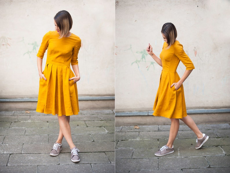 Mustard linen dress for summer, ORGANIC LINEN, 3/4 sleeves, Linen dresses for women, Summer dress, Linen midi dress, 25 COLORS image 3