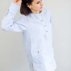 Long sleeve button up linen shirt for women, Thin linen breathable linen shirt, Summer linen shirt, Linen tops for women, Blue linen shirt