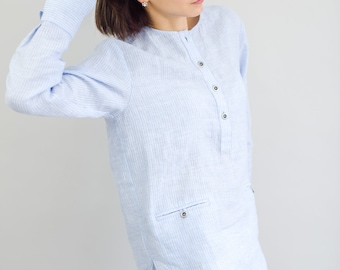 Long sleeve button up linen shirt for women, Thin linen breathable linen shirt, Summer linen shirt, Linen tops for women, Blue linen shirt