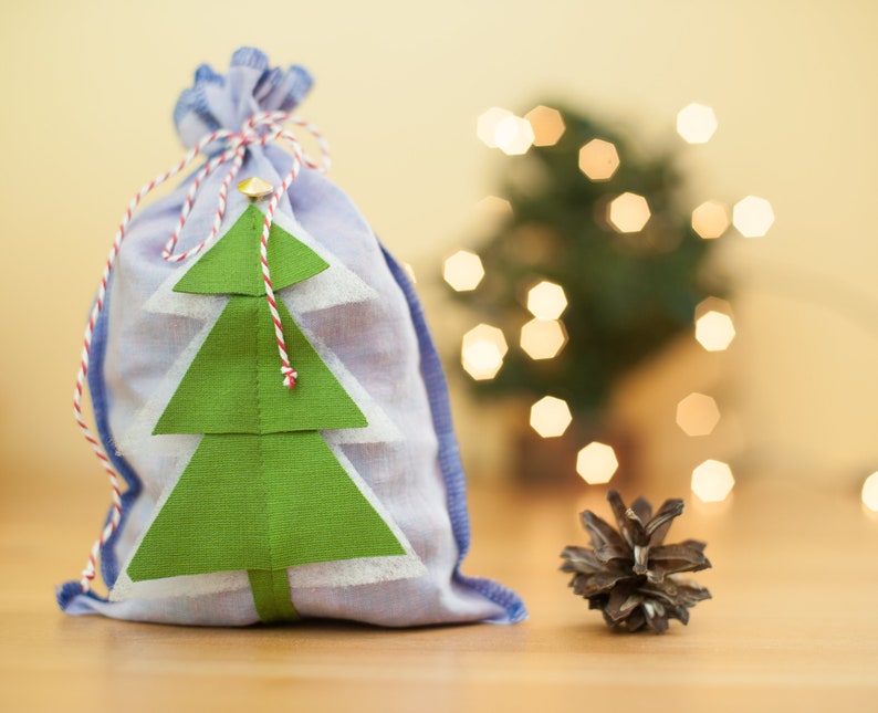 Christmas linen drawstring bag, Small linen bag, Christmas packing, Christmas gift packaging, Linen sack with Christmas tree, Christmas gift image 3