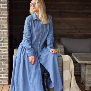 Button up womens linen dress, Linen maxi dress with long sleeve, Oversized linen dress for women, Winter maxi dress, Long linen kaftan dress