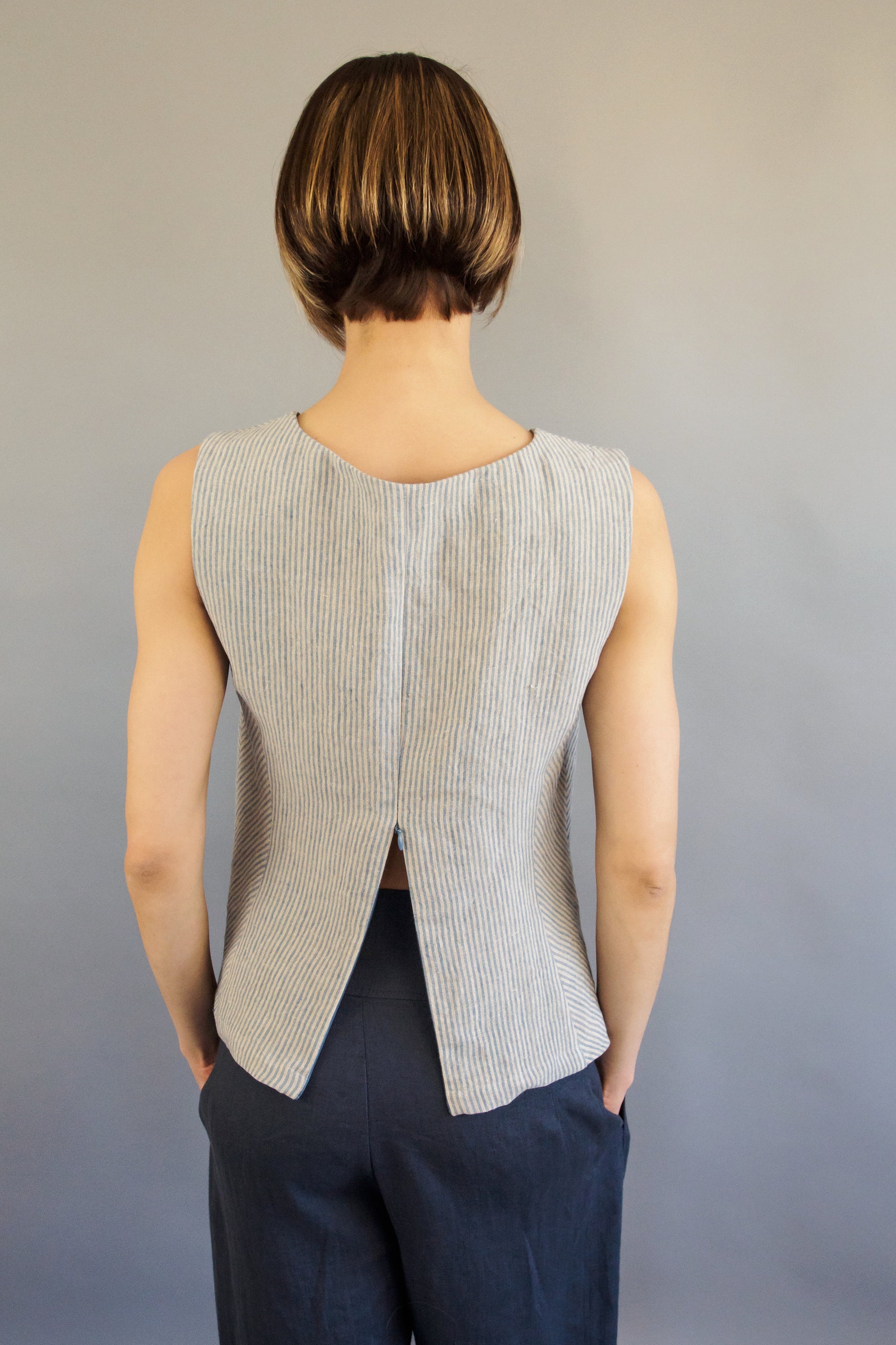 Linen Sleeveless Top (Blue Grey)