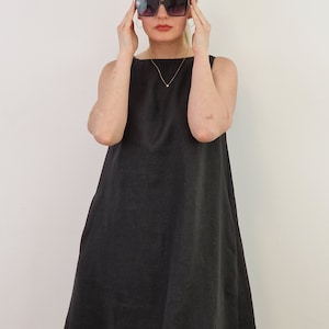 Linen Summer Slip Dress, Sleeveless Linen Dress, Loose Linen Kaftan Dress with V in the back, Oversized Linen Women Dress, Black Linen Dress