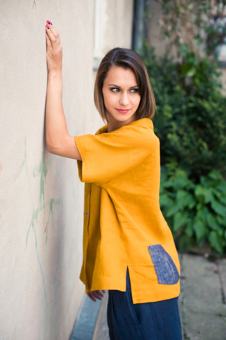 Mustard linen blouse Linen top Linen tunic Linen shirt women Mustard top image 1