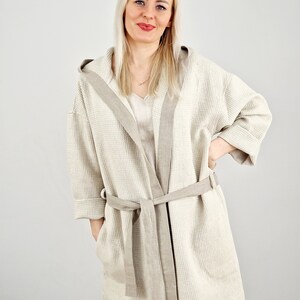 Linen womens waffle robe, Short linen robe for women, Linen bath robe with hood, Linen loungewear, Womens Home wear