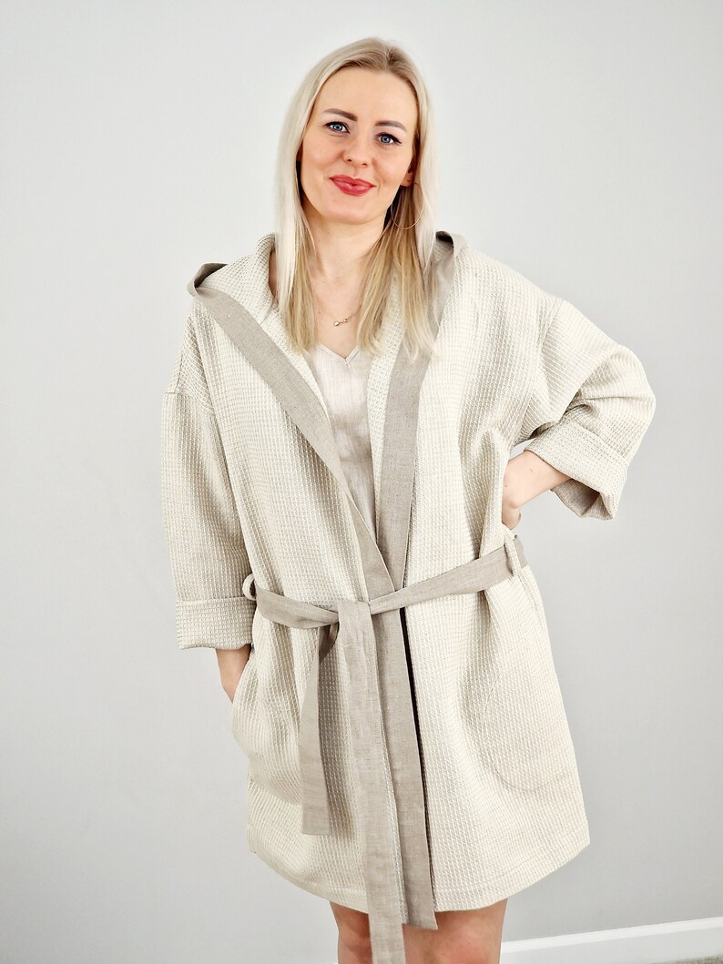 Linen womens waffle robe, Short linen robe for women, Linen bath robe with hood, Linen loungewear, Womens Home wear image 1