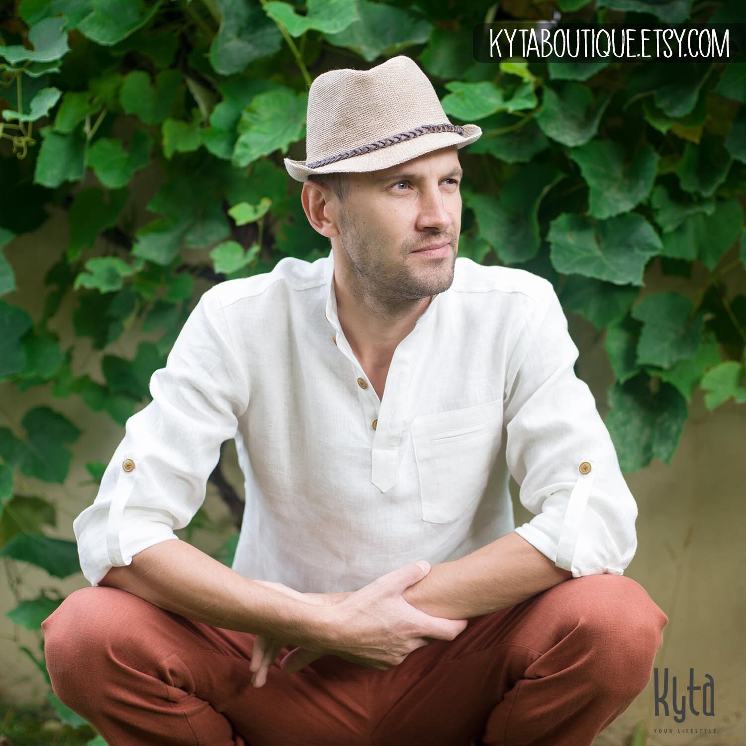WHITE organic linen men shirt 23 COLORS, Linen shirt for men with rolled up sleeves, Beach wedding shirt, Christmas gift for boyfriend