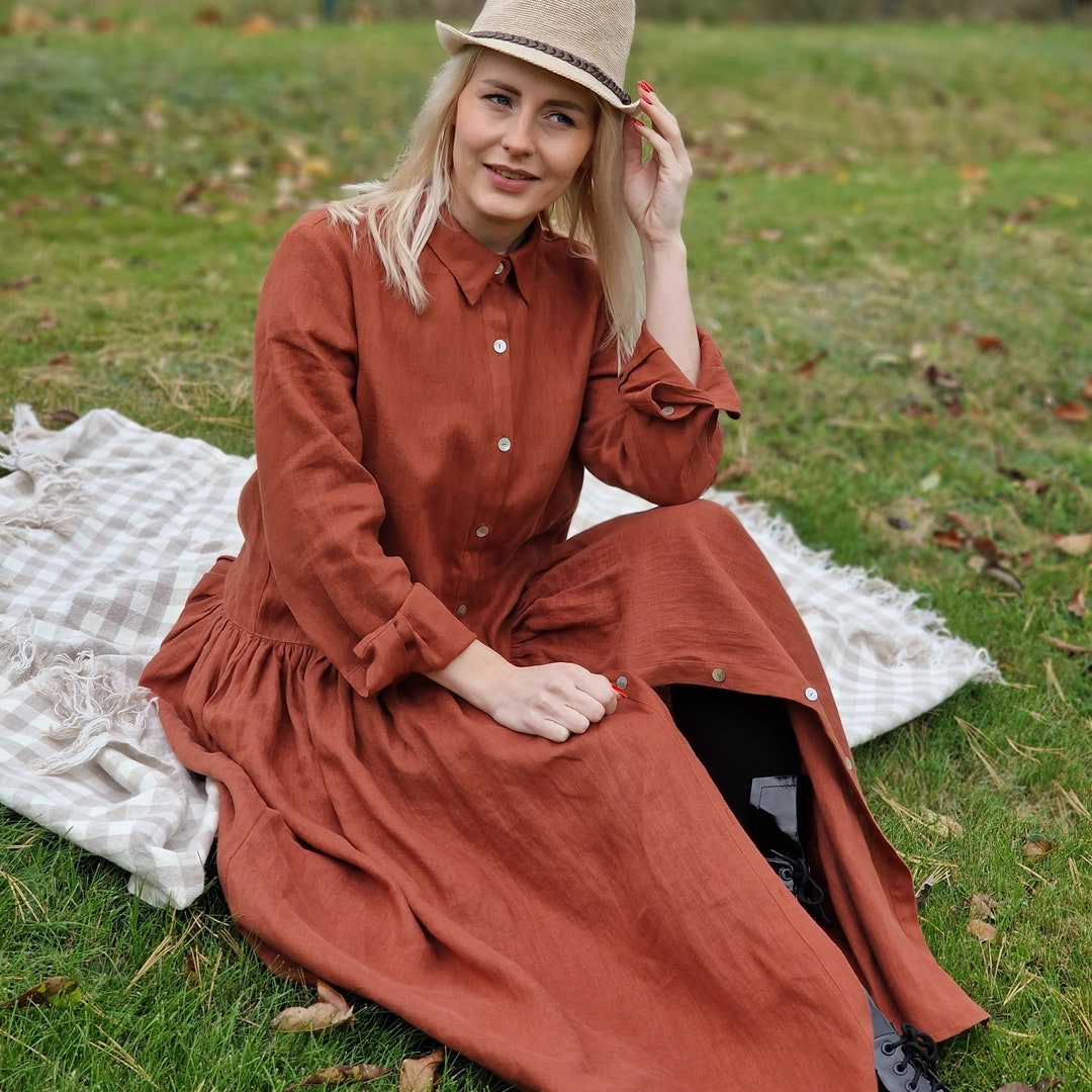 Women Maxi Dress Long Sleeve Linen Puffy Mesh Sleeve