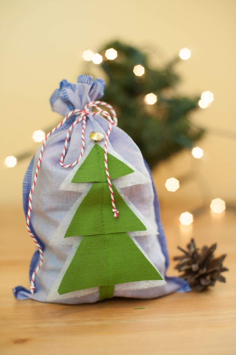 Christmas linen drawstring bag, Small linen bag, Christmas packing, Christmas gift packaging, Linen sack with Christmas tree, Christmas gift image 2