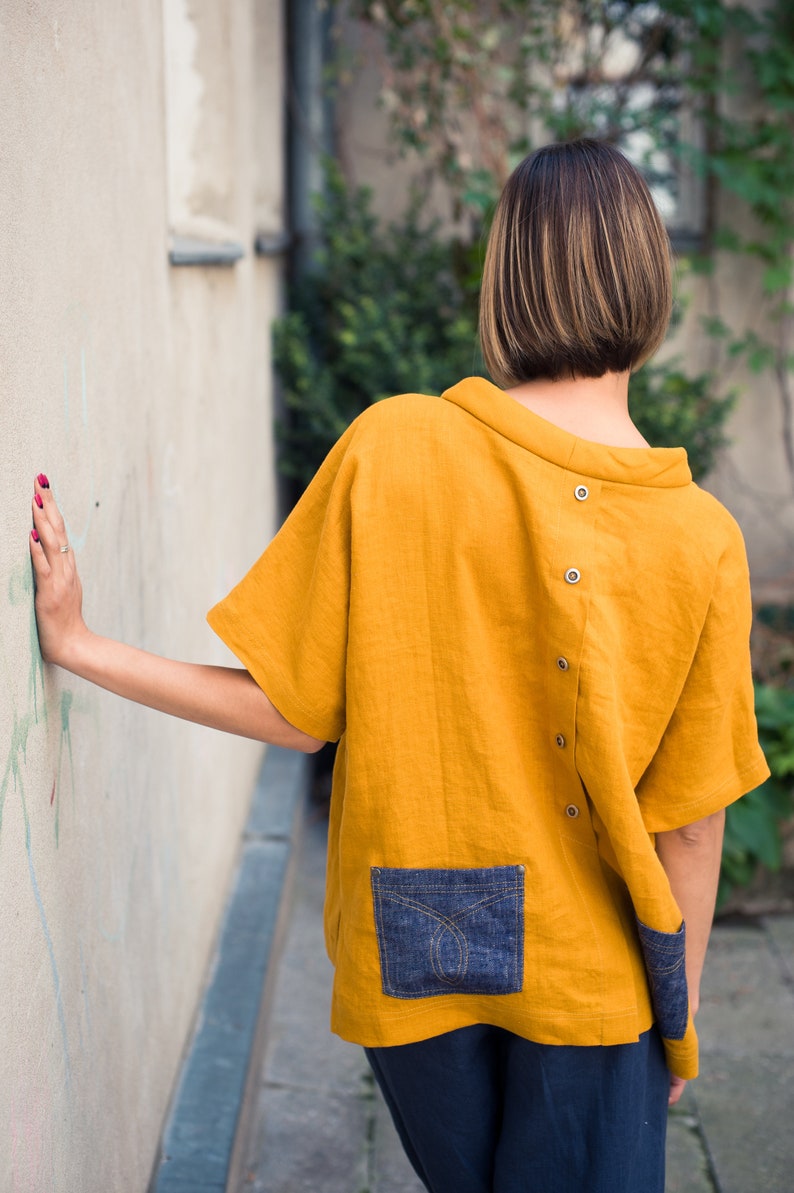 Mustard linen blouse Linen top Linen tunic Linen shirt women Mustard top image 2