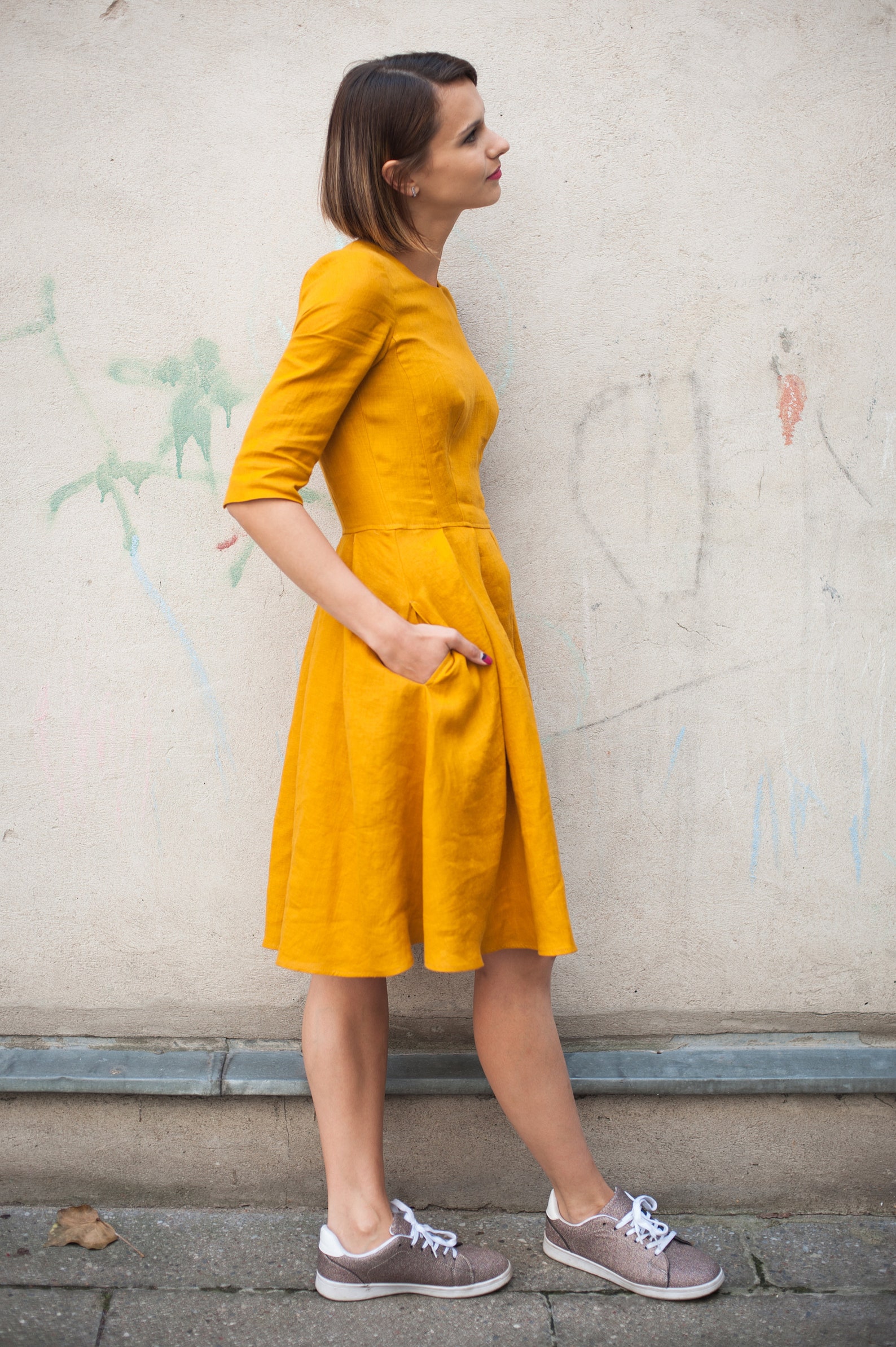 Mustard Linen Dress for Summer ORGANIC LINEN 3/4 Sleeves Etsy