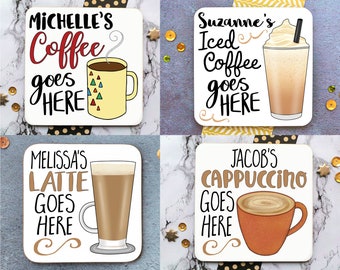 Personalised Coffee Coaster, Mug Of Coffee Drink Mat, Latte Gift, Cappuccino Present, Iced Coffee Lover Gift