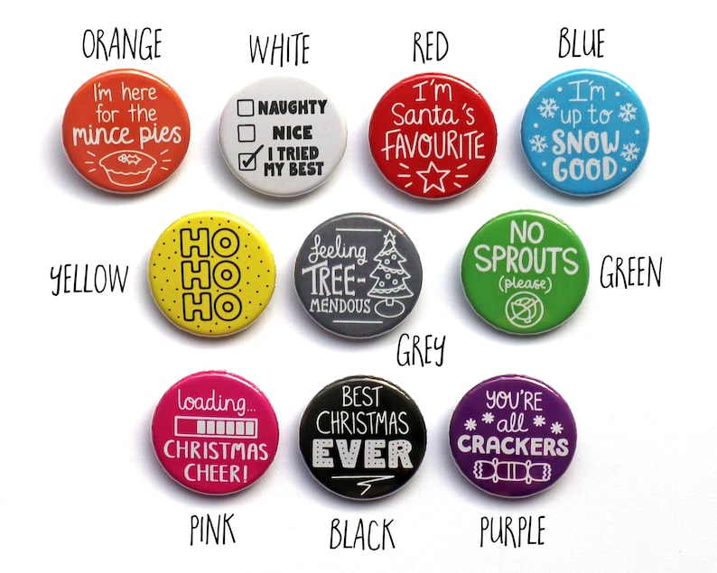 Christmas Theme Badges, Advent Calendar Filler, Christmas Cracker Gift, Stocking Filler, Class Gift, Santa Gift, Table Present, Tree Present Mixed Colours