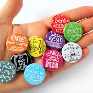 Book Themed Badges, Book Club, Literature Festival, Book Wedding Favours, Bookshop Badge, Story Event, One More Chapter, Book Addict