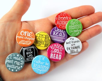 Book Themed Badges, Book Club, Literature Festival, Book Wedding Favours, Bookshop Badge, Story Event, One More Chapter, Book Addict