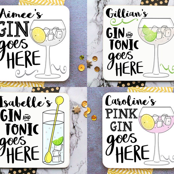 Personalised Gin Coaster, Pink Gin Drinks Mat, Gin & Tonic, Raspberry Gin, Orange Gin, Gin Basil, Sloe Gin, Sloe Gin Fizz, Home Bar Gift