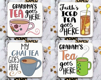 Posavasos de té personalizado, posavasos para taza de té, opciones de color y estilo, regalo para amantes del té, té matcha, té helado, té de burbujas