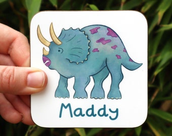 Triceratops Coaster, Personalised Drink Mat, Dinosaur Gift, Christmas Present, Kids Coaster, Triceratops Fan