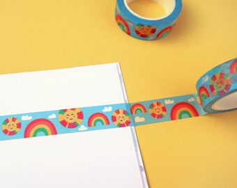 Sun Smiles & Rainbows Washi Tape, colourful tape, happy tape, bright paper tape, rainbow sun, cute stationery