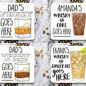 May include: Four white square coasters with black lettering and illustrations of glasses of whiskey and mixed drinks. The coasters say "Dad's Whiskey Goes Here", "Amanda's Whiskey and Coke Goes Here", "Dad's Whiskey and Coke Goes Here", and "Frank's Whiskey and Ginger Ale Goes Here".
