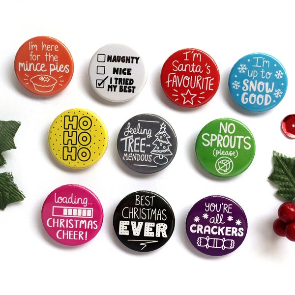 Christmas Theme Badges, Advent Calendar Filler, Christmas Cracker Gift, Stocking Filler, Class Gift, Santa Gift, Table Present, Tree Present