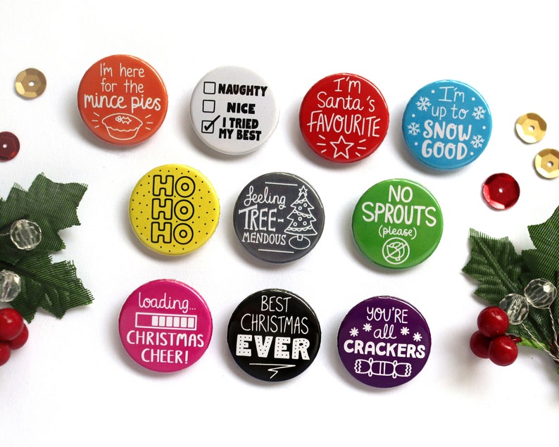 Christmas Theme Badges, Advent Calendar Filler, Christmas Cracker Gift, Stocking Filler, Class Gift, Santa Gift, Table Present, Tree Present image 1