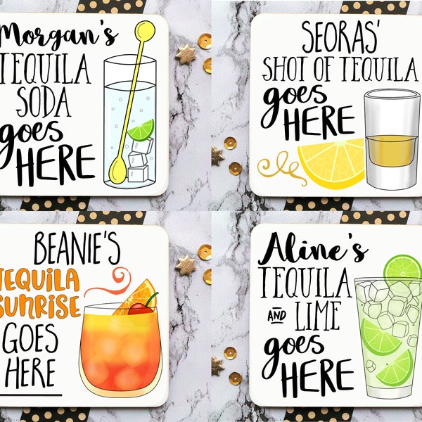 Personalised Tequila Coasters, Shot Of Tequila, Tequila Soda, Tequila & Lime, Tequila Sunrise, Margarita, Long Island Iced Tea Drink Mat